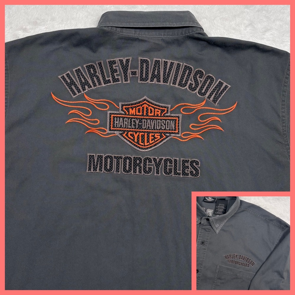 Harley-Davidson Flames Button Shirt Men 2XL Gray Embroidered Mechanic Garage